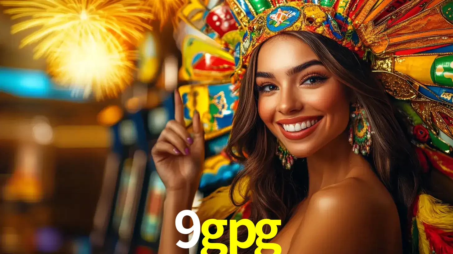 Mulher sorridente com um cocar de carnaval vibrante e colorido, celebrando uma grande vitória nos jogos do cassino 9gpg com fogos de artifício ao fundo.