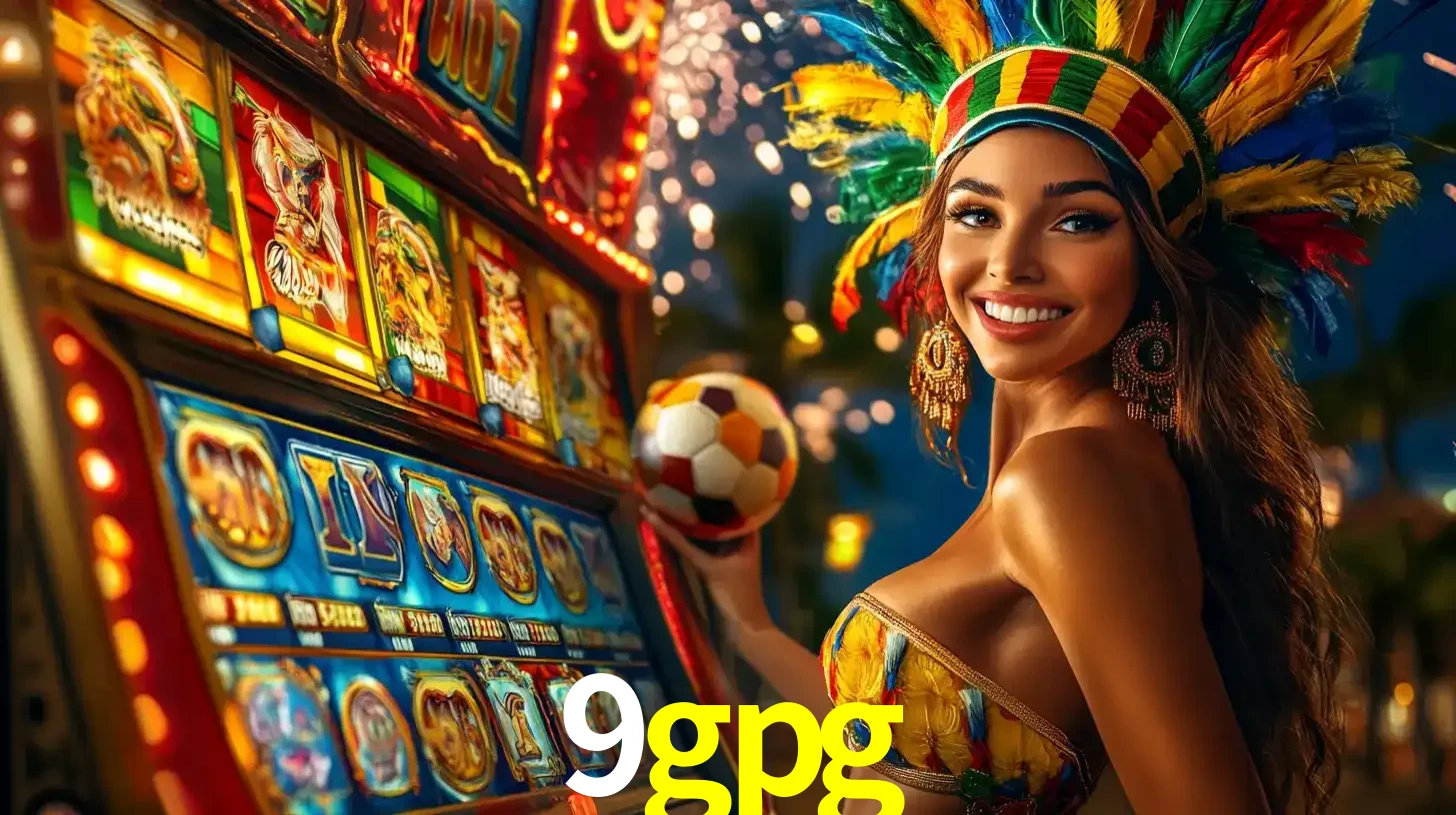 Mulher com um cocar de carnaval ao lado de uma máquina de caça-níqueis enquanto segura uma bola de futebol, mostrando a união da diversão de cassino e esportes no 9gpg.