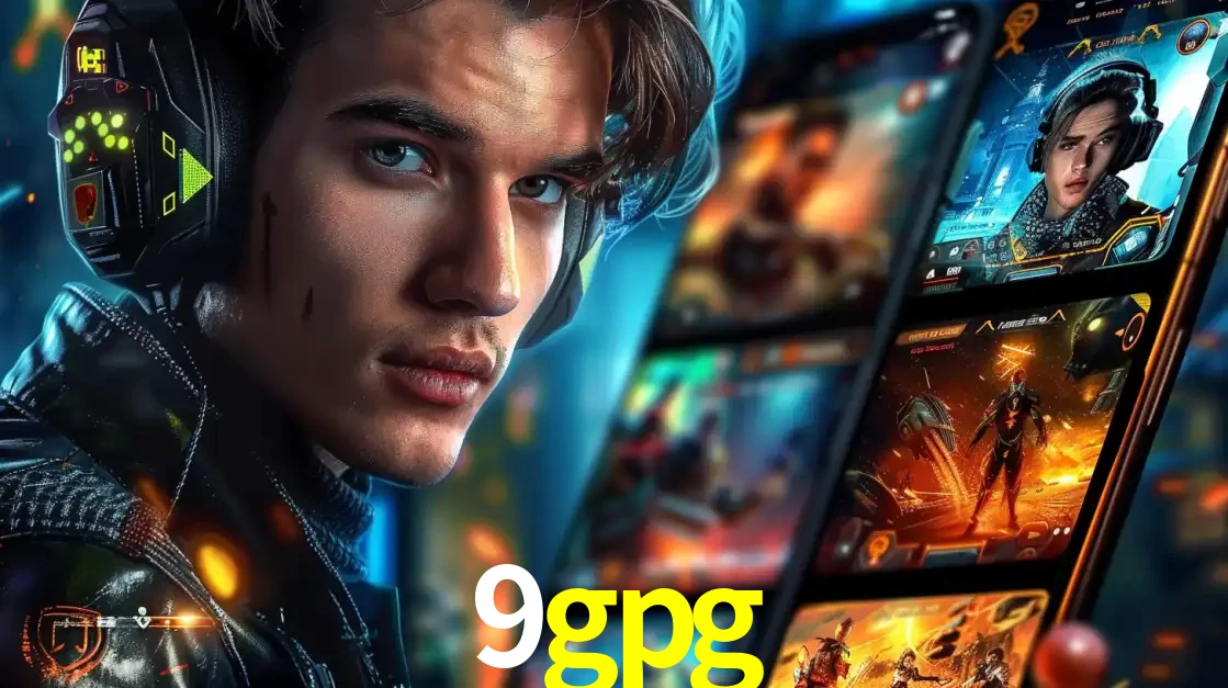 Jovem jogador com fones de ouvido olhando para a câmera, com um aplicativo de jogos e e-sports para celular ao fundo, pronto para a competição e apostas no 9gpg.