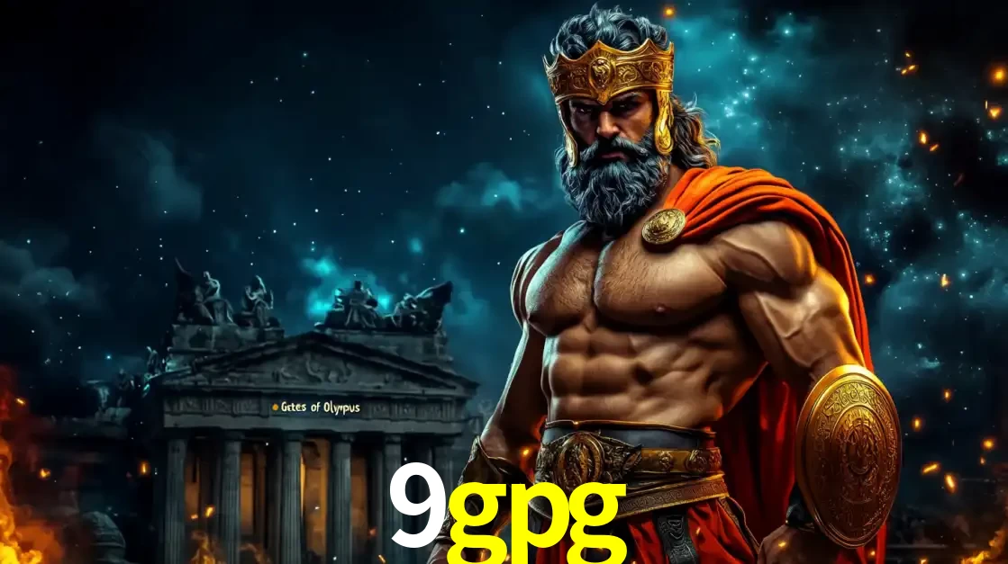 O poderoso Zeus do jogo de slot Gates of Olympus em frente ao seu templo, pronto para lançar multiplicadores divinos e prêmios épicos no cassino online 9gpg.