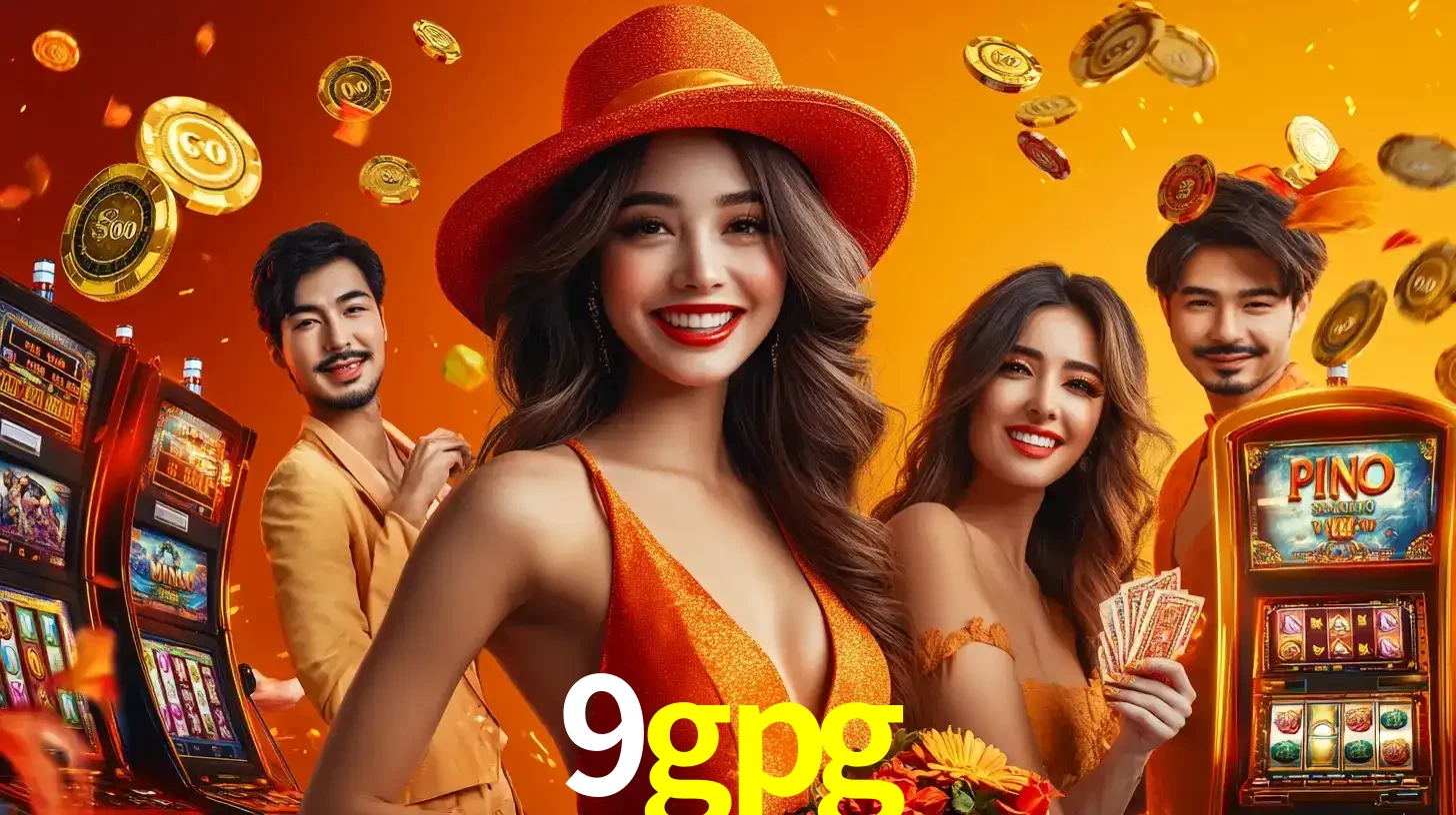 Grupo de amigos asiáticos sorrindo e se divertindo com máquinas de caça-níqueis em um ambiente festivo, celebrando suas vitórias nos jogos de cassino do 9gpg.