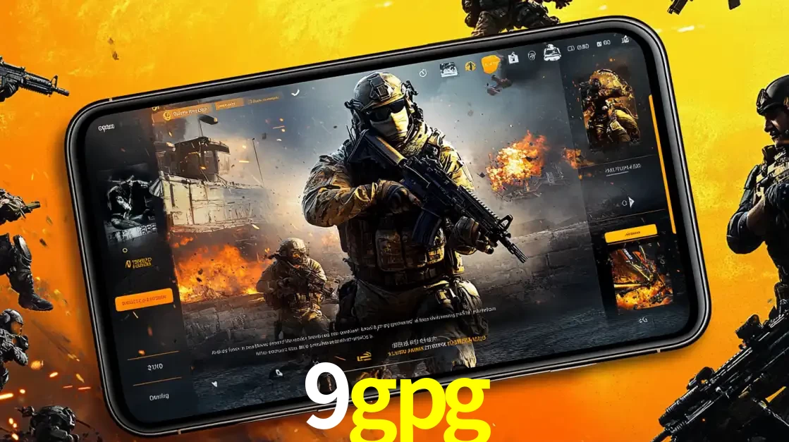Um smartphone exibindo a interface de um jogo de tiro em primeira pessoa, com um soldado em um cenário de batalha, representando a ação dos e-sports para apostar no 9gpg.