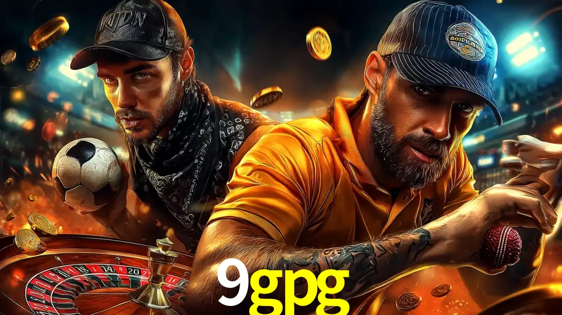 Montagem de apostas esportivas e cassino no 9gpg, com um homem segurando uma bola de futebol e outro uma de beisebol sobre uma roleta e moedas voadoras.