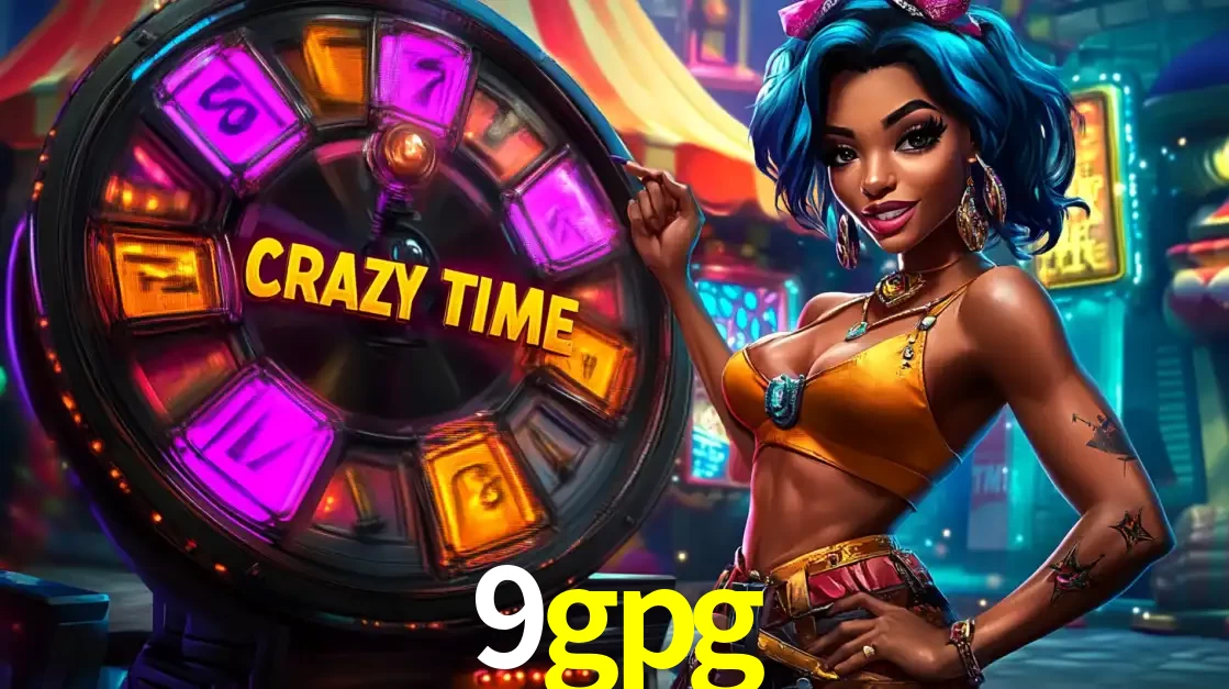 Mulher estilizada com cabelo azul e visual vibrante posando ao lado da roda de prêmios do game show Crazy Time, convidando para a diversão e os bônus do cassino 9gpg.