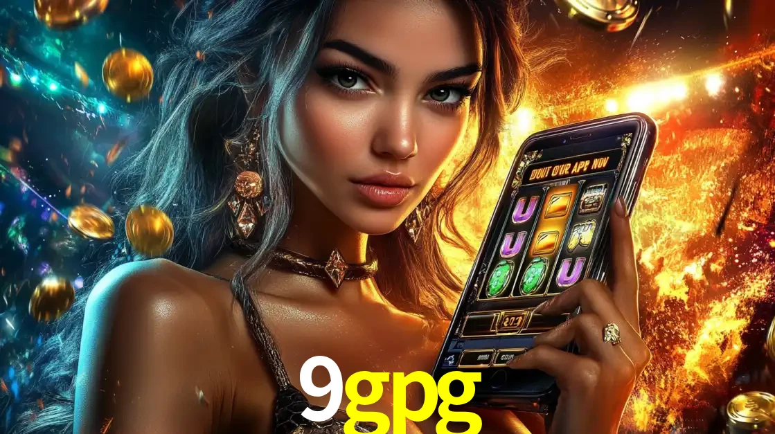 Mulher elegante mostrando um jogo de caça-níqueis em seu smartphone, destacando a experiência de cassino móvel oferecida pelo aplicativo 9gpg.