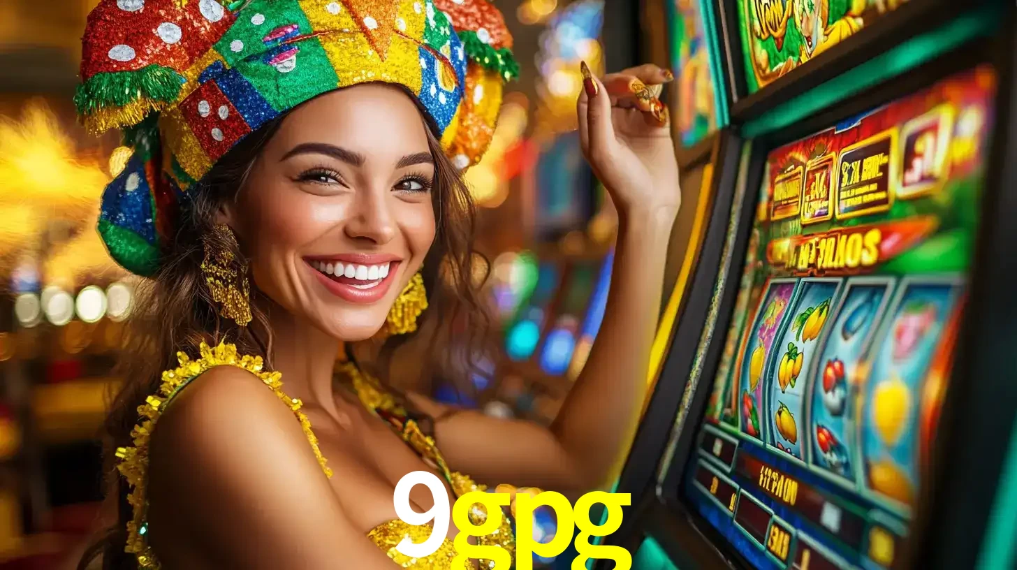 Mulher feliz com traje de carnaval amarelo e colorido ao lado de uma máquina de caça-níqueis, aproveitando a diversão e os jogos temáticos do cassino 9gpg.
