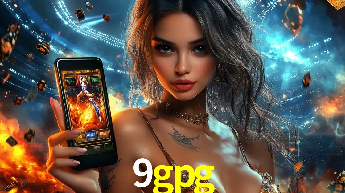 Mulher segurando um celular com um jogo de slot em destaque, tendo como fundo um estádio vibrante, simbolizando a emoção de jogar no cassino móvel 9gpg.