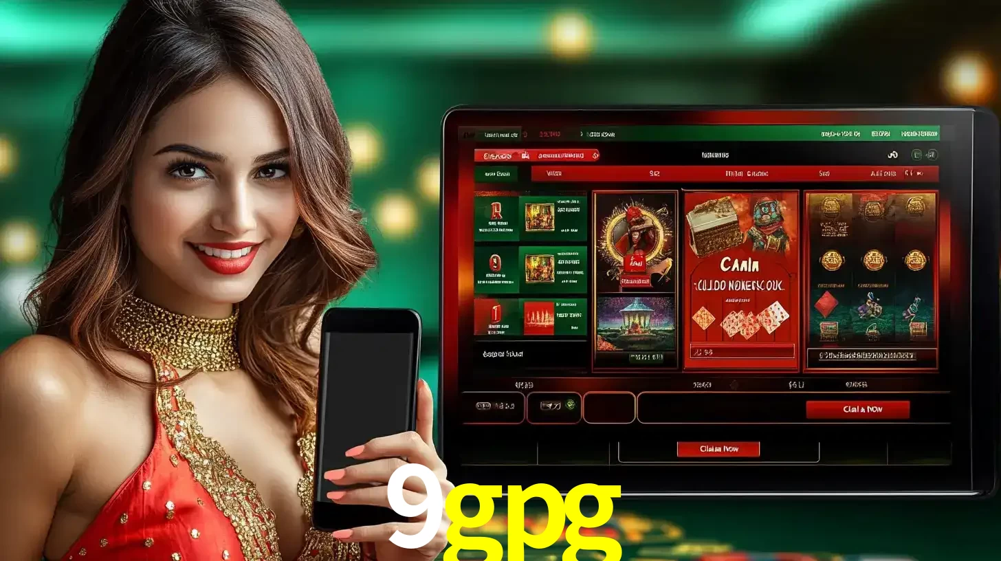 Mulher sorridente segurando um smartphone, ao lado de uma tela exibindo o lobby de jogos do cassino online 9gpg, com várias opções de jogos de cartas e slots.